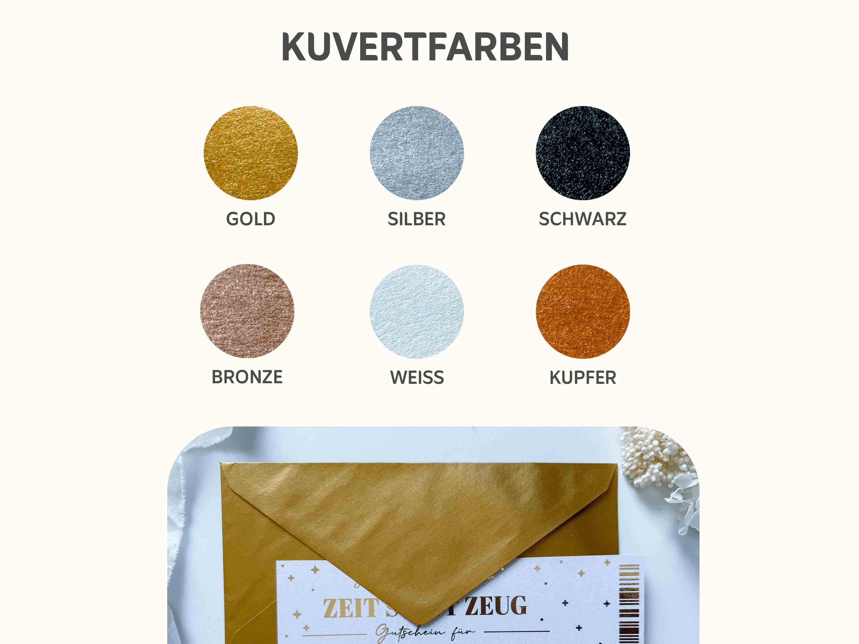 Sechs Umschlagfarben - Gold, Silber, Schwarz, Bronze, Weiß und Kupfer - sind als beschriftete runde Farbfelder dargestellt. Unten ist ein goldener Umschlag zu sehen, der teilweise eine Boarding-Pass-Design-Karte abdeckt: der funkenschauer Reisegutschein personalisiert.