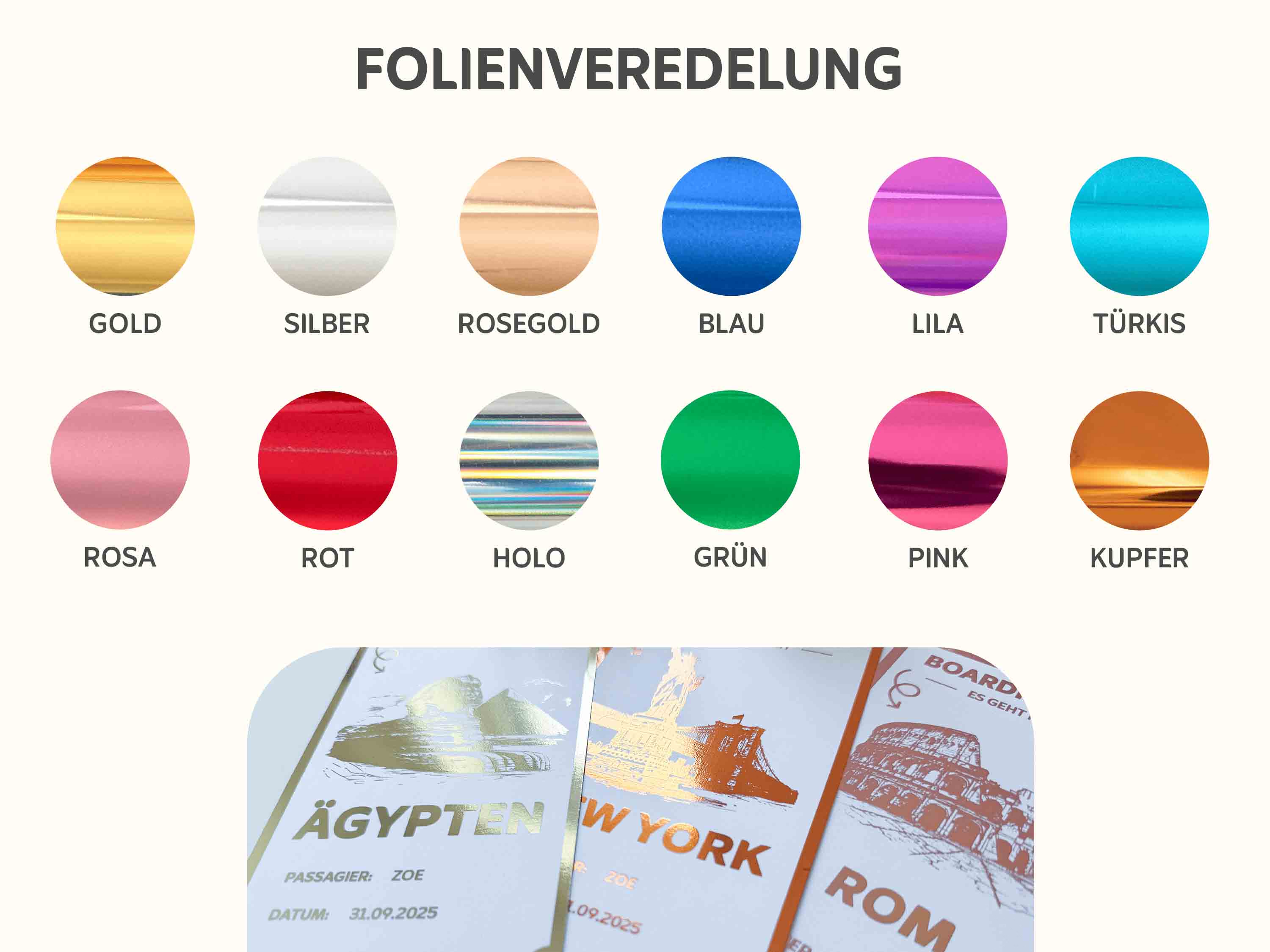 Zwölf kreisförmige Farbmuster sitzen über folienverzierten funkenschauer Reisegutscheinen personalisiert-Urlaubsgeschenk für Ägypten, New York und Rom: das perfekte personalisierte Reisegeschenk für jeden Anlass.