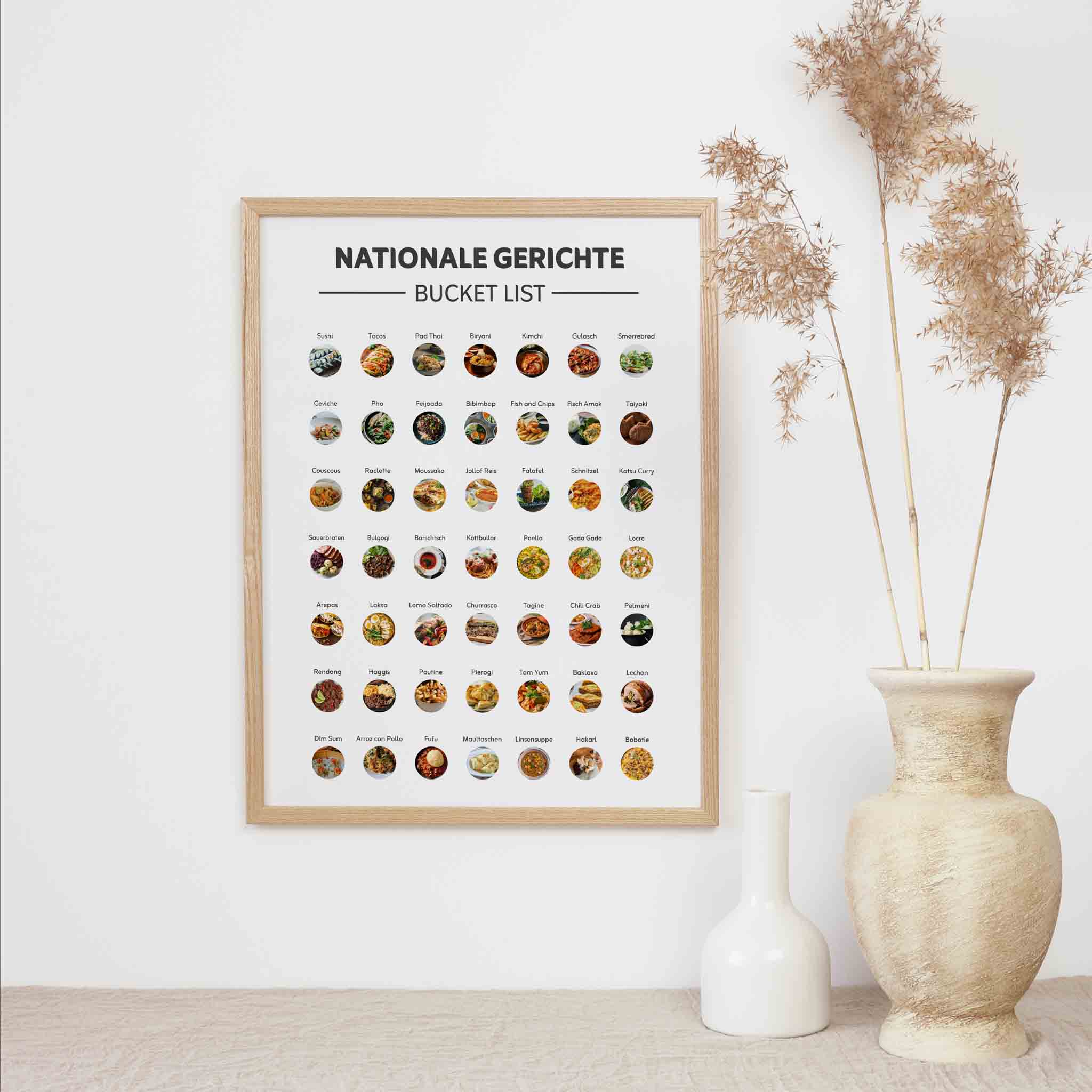 Die "Bucketlist Nationale Gerichte Rubbelposter A3" von funkenschauer zeigt Fotos internationaler Gerichte und ist das perfekte Geschenk für Foodies sowie eine tolle Kücheninspiration - ideal für deine kulinarische Weltreise!.