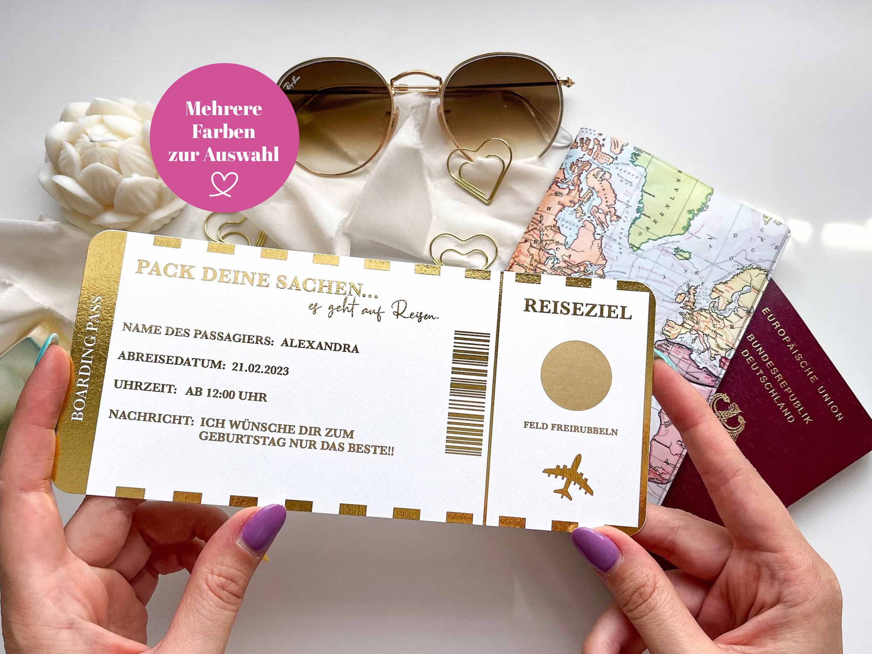 Hochwertiger Reisegutscheine inkl. Umschlag mit Rubbelfeld und Wunschtext • Personalisierter Reisegutschein • Geschenk für Reiseliebhaber • Bordkarte mit Rubbelfeld • Rubbelkarte •