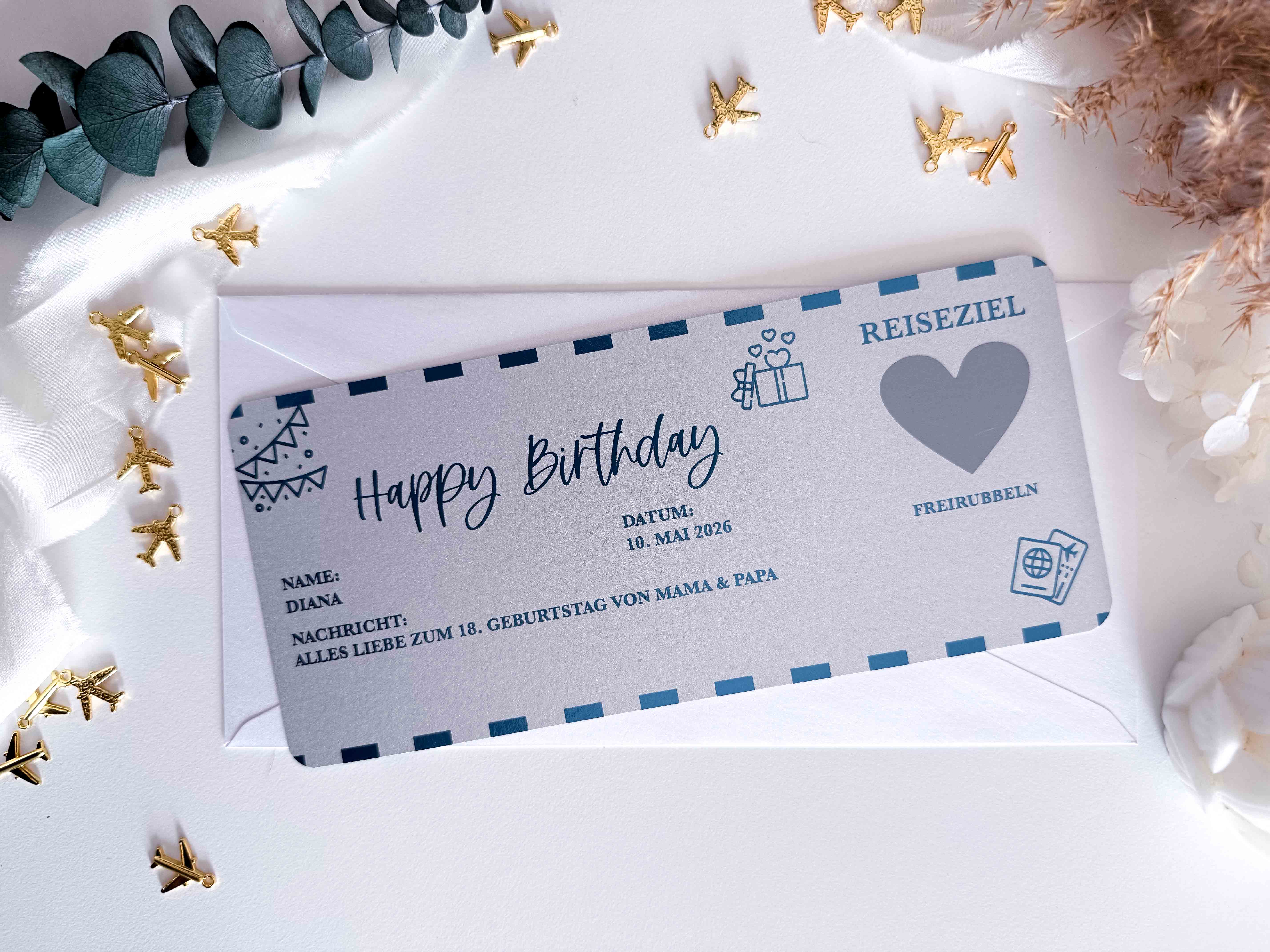 Happy Birthday Travel Voucher, Personalizable, Rose Gold Mother of Pearl | Scratch Card | Gift for Travel Lovers | Surprise | Boarding Pass