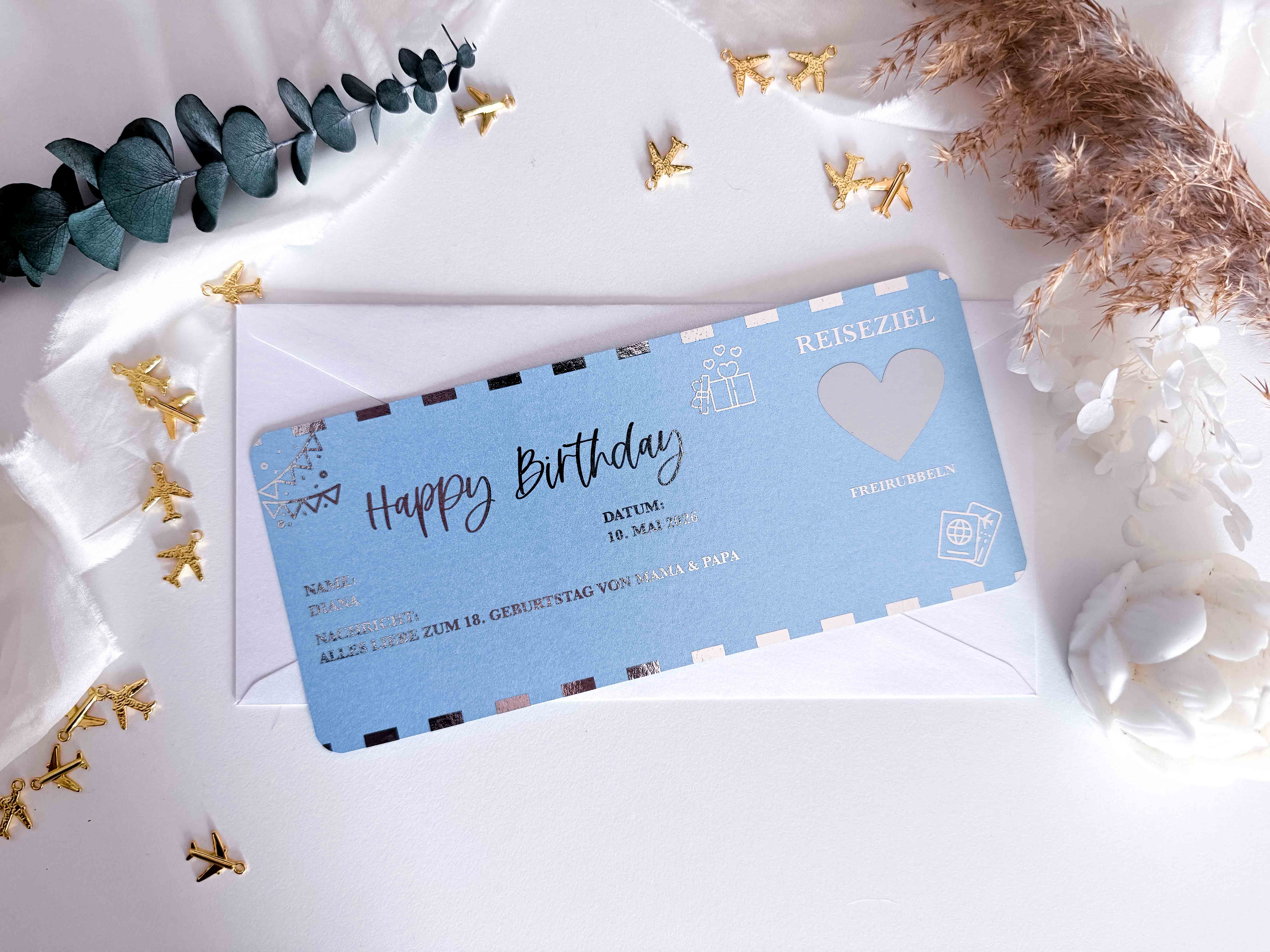Happy Birthday Travel Voucher, Personalizable, Rose Gold Mother of Pearl | Scratch Card | Gift for Travel Lovers | Surprise | Boarding Pass