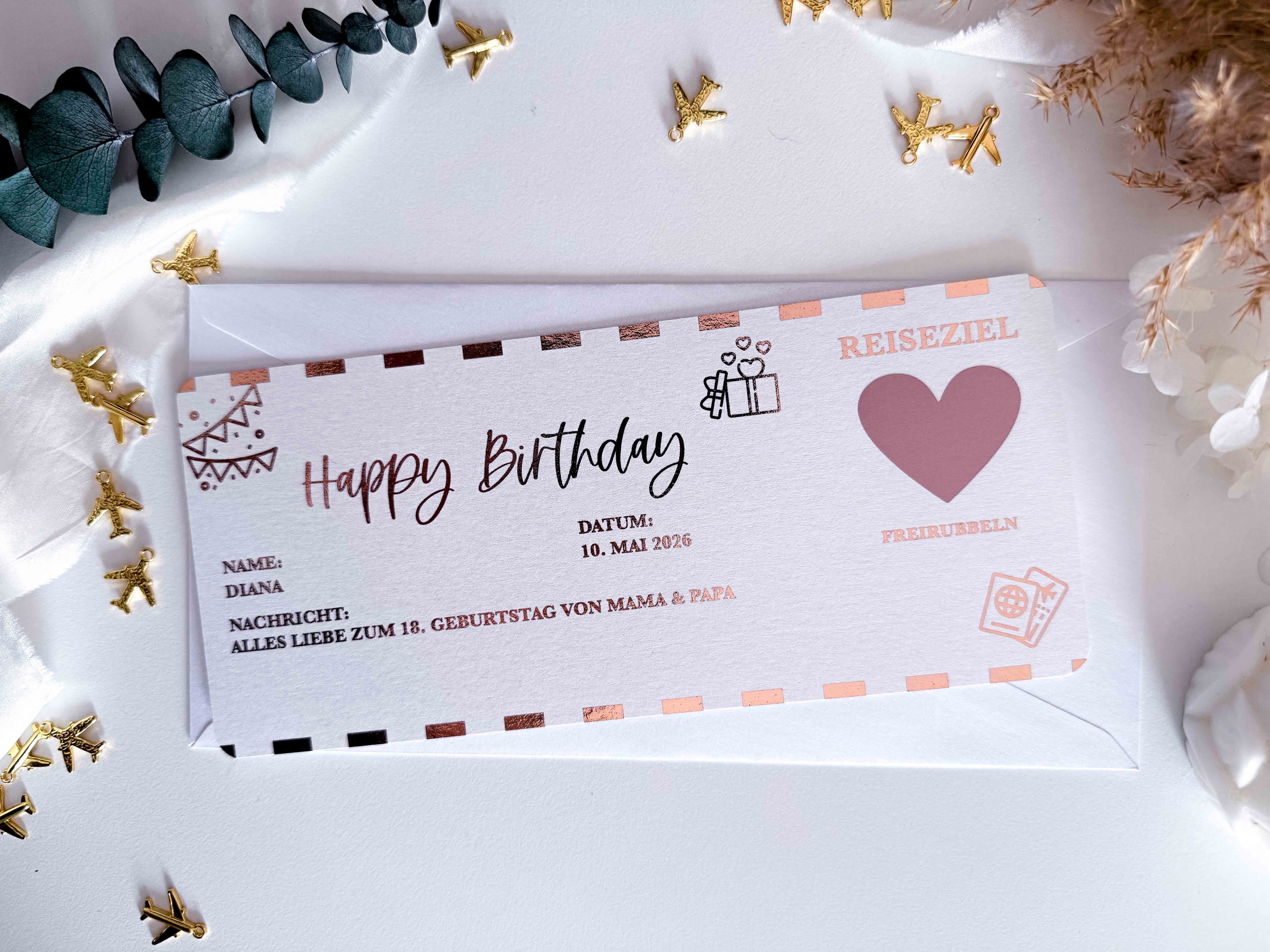 Happy Birthday Travel Voucher, Personalizable, Rose Gold Mother of Pearl | Scratch Card | Gift for Travel Lovers | Surprise | Boarding Pass