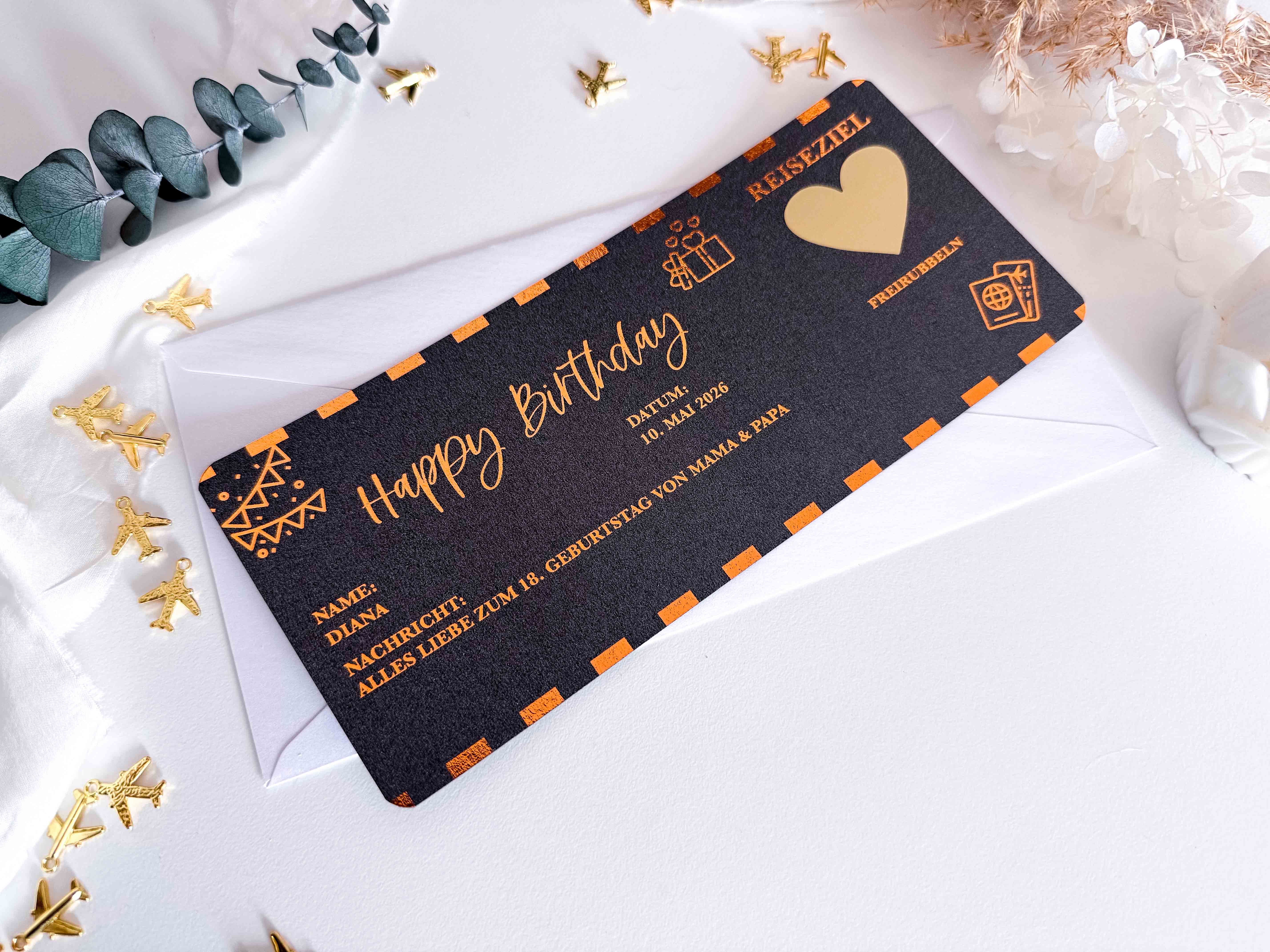 Happy Birthday Travel Voucher, Personalizable, Rose Gold Mother of Pearl | Scratch Card | Gift for Travel Lovers | Surprise | Boarding Pass
