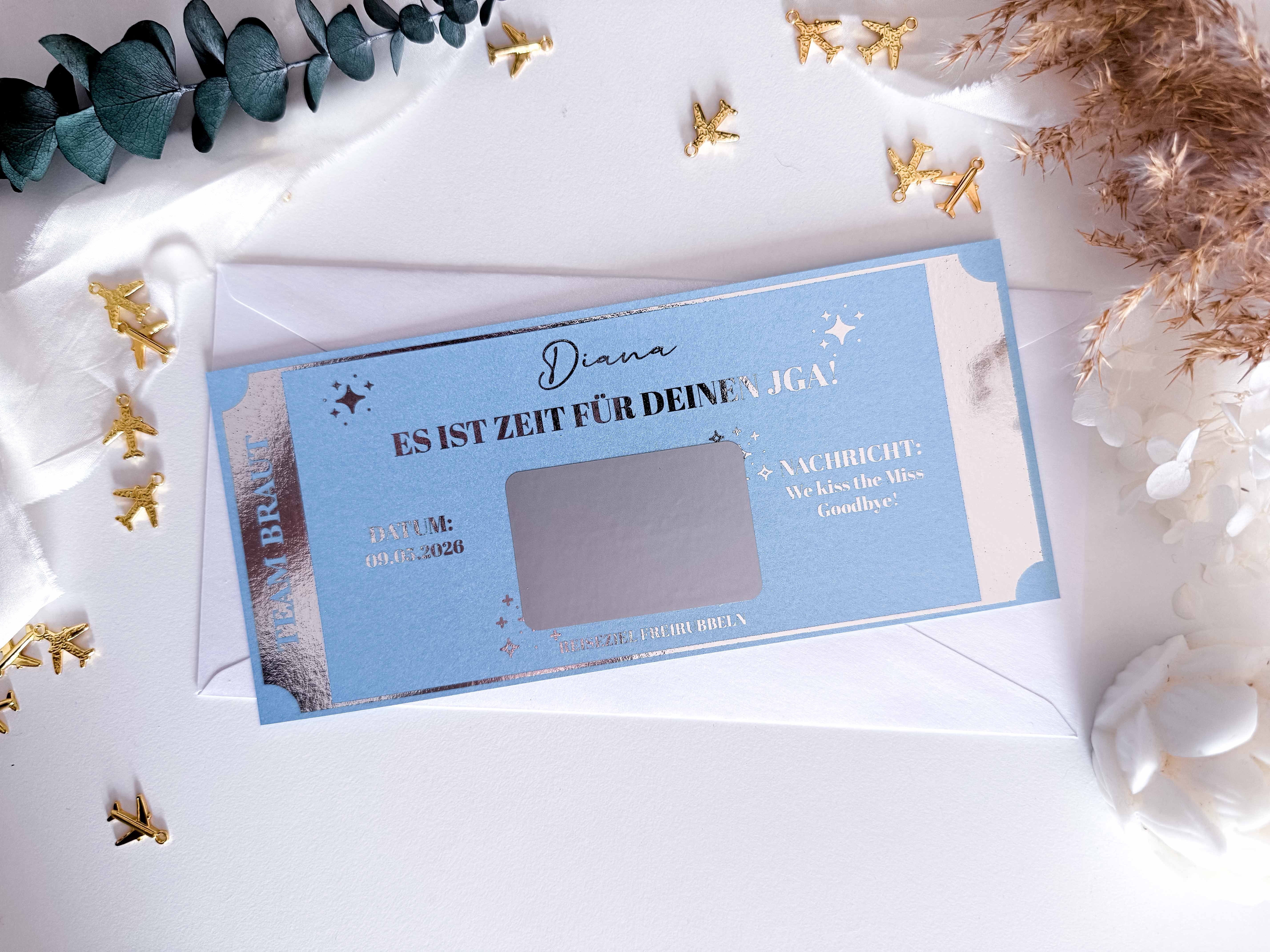 JGA Reisegutschein Personalisiert | Rubbelkarte | Bride to be | JGA Planen | Jungesellinnenabschied | Team Braut | Bordkarte