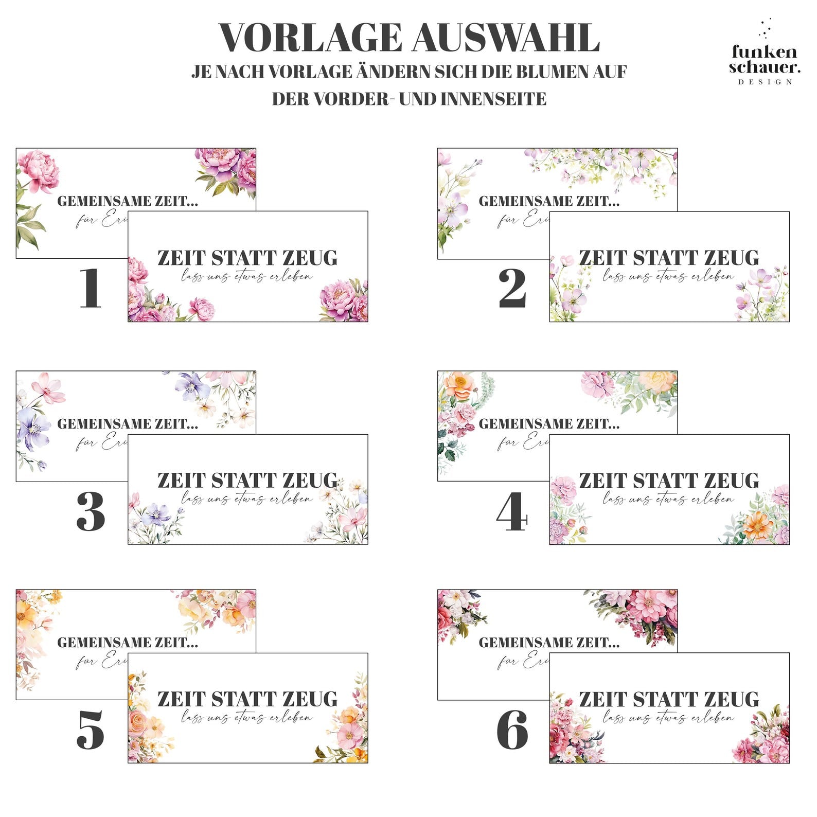 Neun pastellfarbene Blumenkartenvorlagen von Funkenschauer, beschriftet mit 1–9 und deutschem Text. Perfekt als Zeit statt Zeug • personalisierter Gutschein • Geschenk gemeinsame Zeit, jede Karte verfügt über ein einzigartiges florales Design und herzliche Titel.