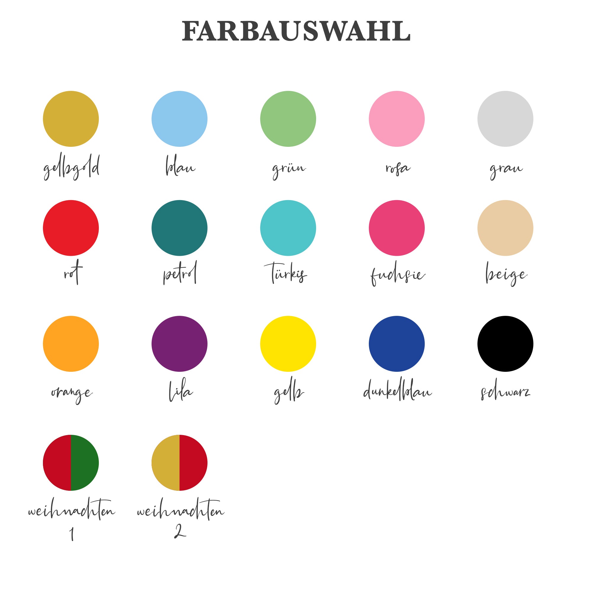Eine Farbkarte mit dem Titel „FARBAUSWAHL“ mit 17 deutsch beschrifteten Kreisen hilft Ihnen bei der Farbauswahl für Ihren *Zeit statt Zeug Gutschein* von Funkenschauer – eine personalisierbare, aufklappbare Rubbelkarte für besondere gemeinsame Zeit.