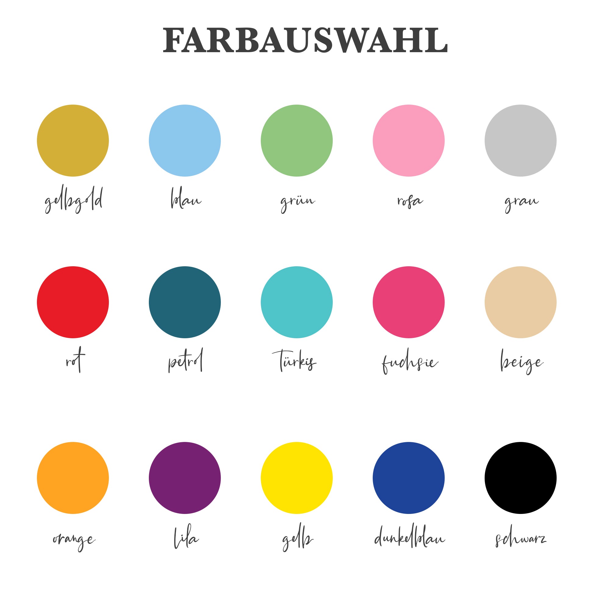 Die Farbauswahltabelle im personalisierten Hochzeitsgeschenk von funkenschauer bietet 16 farbige Kreise zur Gestaltung eines individuellen Gutschein- oder Ticket-Designs. Zur Auswahl stehen Gold, Blau, Grün, Rosa, Grau, Rot, Petrol, Türkis, Fuchsia, Beige, Orange, Lila, Gelb, Dunkelblau und Schwarz – alle mit deutscher Beschriftung.