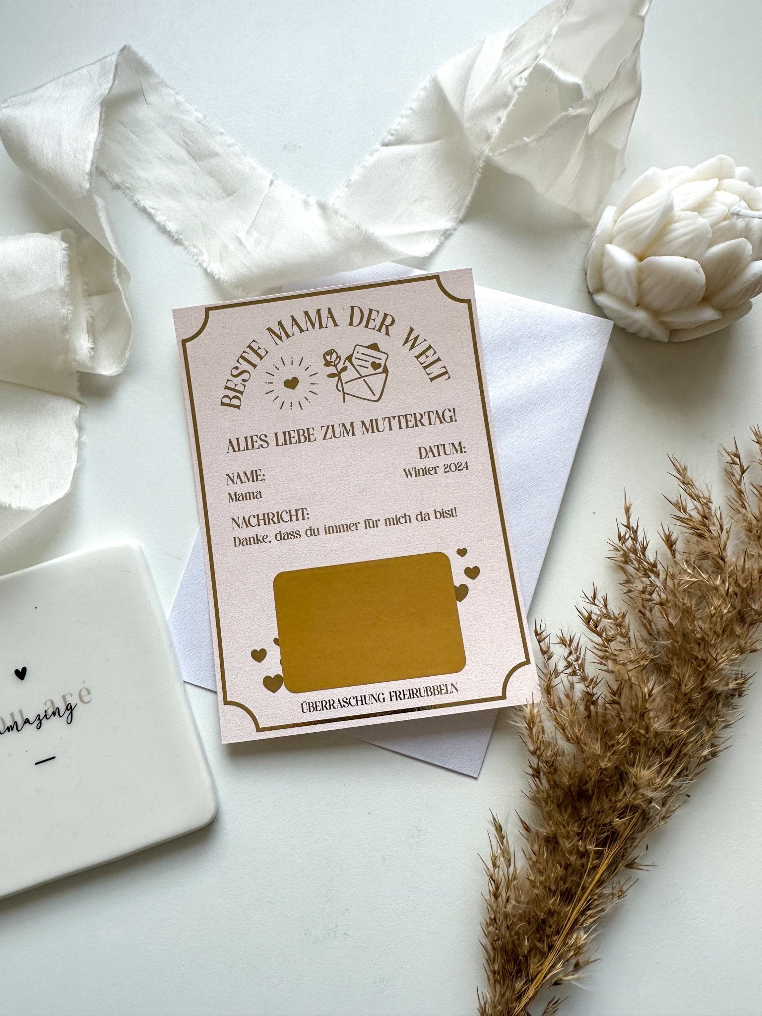 Muttertag Gutschein Personalisierbar PERLMUTT inkl. Umschlag | Rubbelkarte | Geschenk | Muttertagsgeschenk | Überraschung | Ticket - funkenschauer
