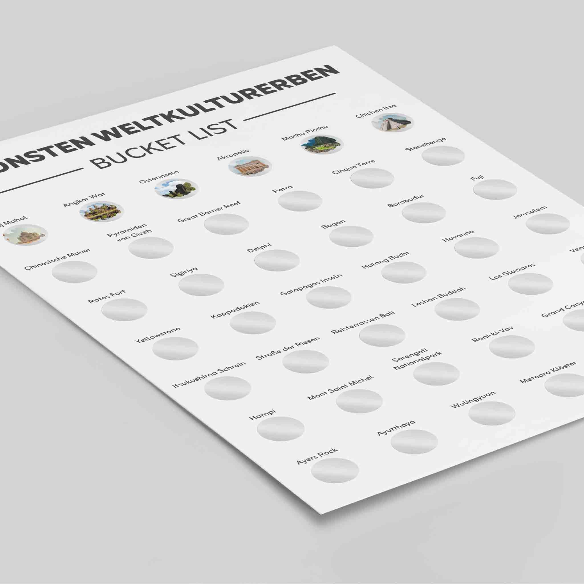 Die funkenschauer "Löffelliste Weltkulturerbe Rubbel Poster A3" ist ein tolles Reisegeschenk: Rubbel Kreise ab, entdecke UNESCO-Welterbestätten im Raster auf Weiß - ideal als Bucket List für Reiseliebhaber.