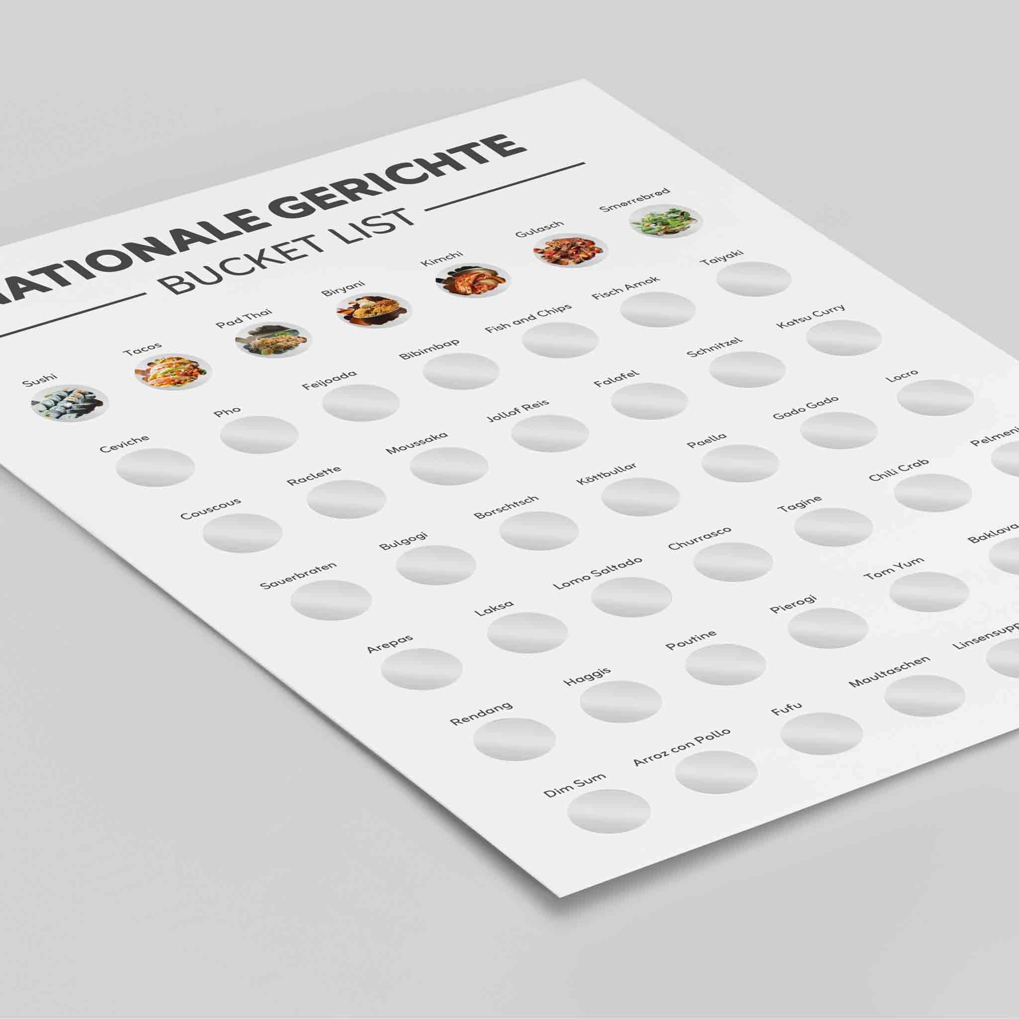 Das A3-Rubbelposter "Bucketlist Nationale Gerichte" von funkenschauer ist das perfekte Geschenk für Foodies: Entdecke eine kulinarische Weltreise mit internationalen Gerichten, die du nach und nach freirubbeln kannst.