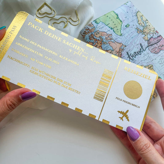 Reisegutschein Goldfolie Personalisiert | Rubbelkarte | Geschenk für Reiseliebhaber | Gutschein
