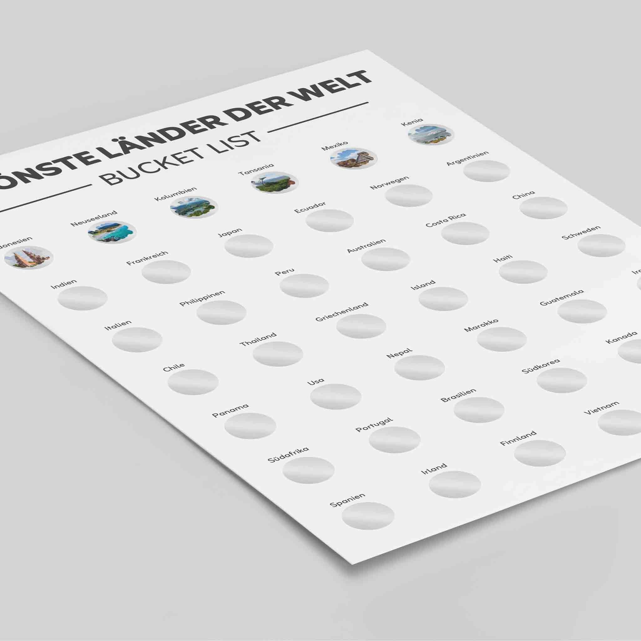 Das funkenschauer Bucketlist Länder der Welt Poster zeigt 40 Länder auf Deutsch. Rubble die runden Felder frei und entdecke teils Bilder von Sehenswürdigkeiten - ein inspirierendes Reise Geschenk und Löffelliste für Entdecker!.