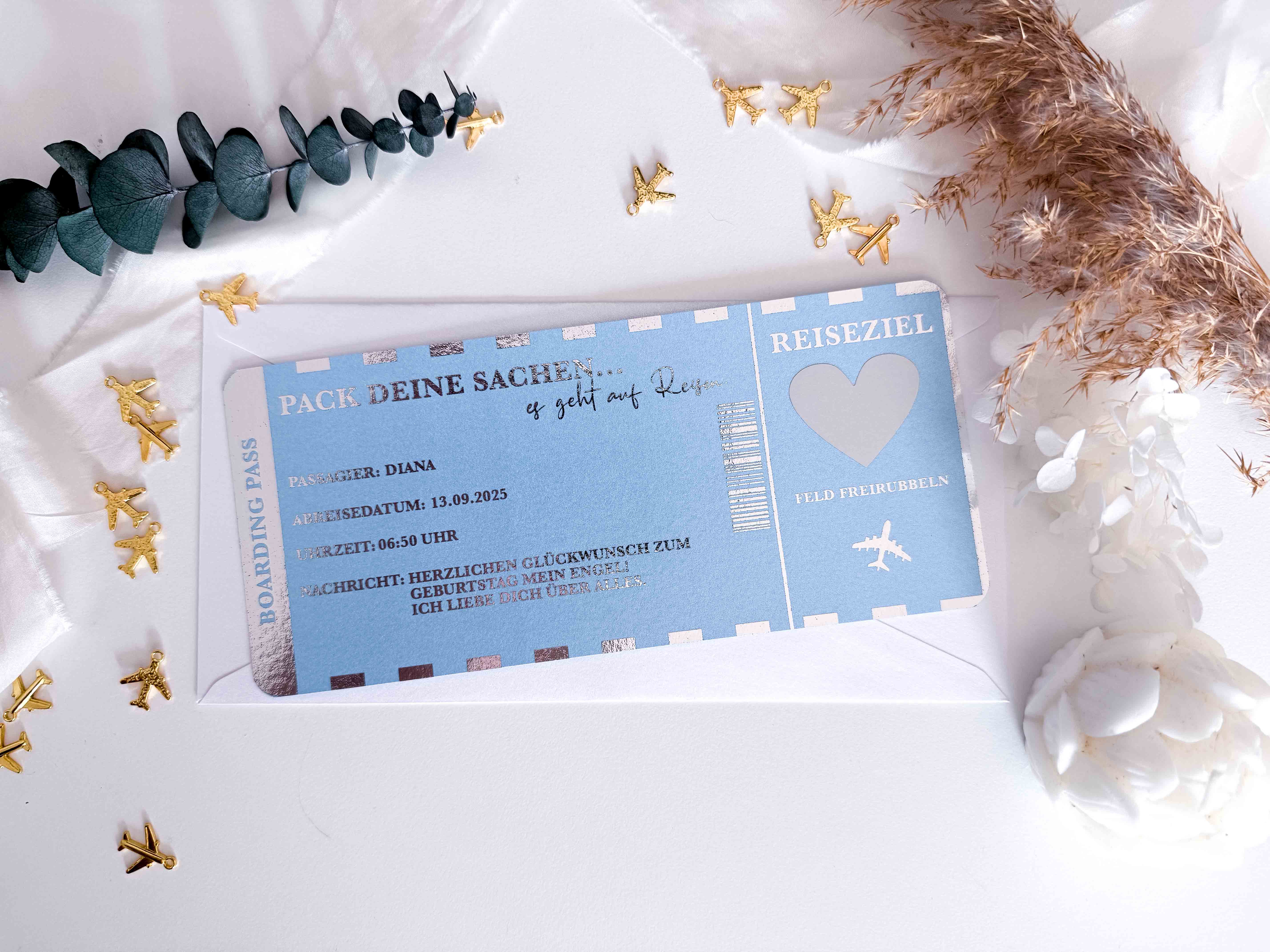 Reisegutschein verschenken - personalisiert inkl. Umschlag mit Rubbelfeld und Wunschtext • Flugticket Gutschein • Gutschein selbst gestalten • Geschenkkarte Reise