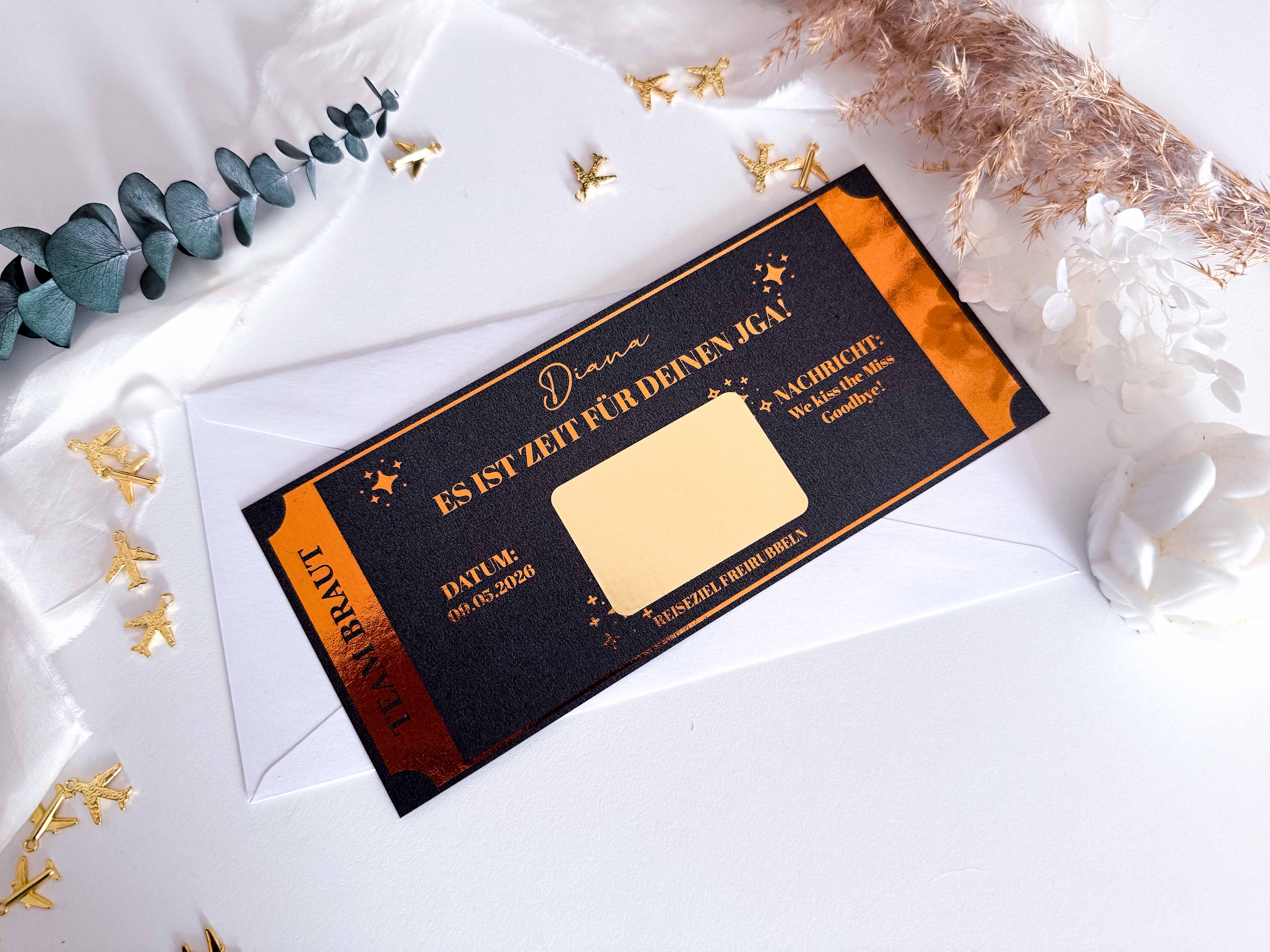 JGA Reisegutschein Personalisiert | Rubbelkarte | Bride to be | JGA Planen | Jungesellinnenabschied | Team Braut | Bordkarte