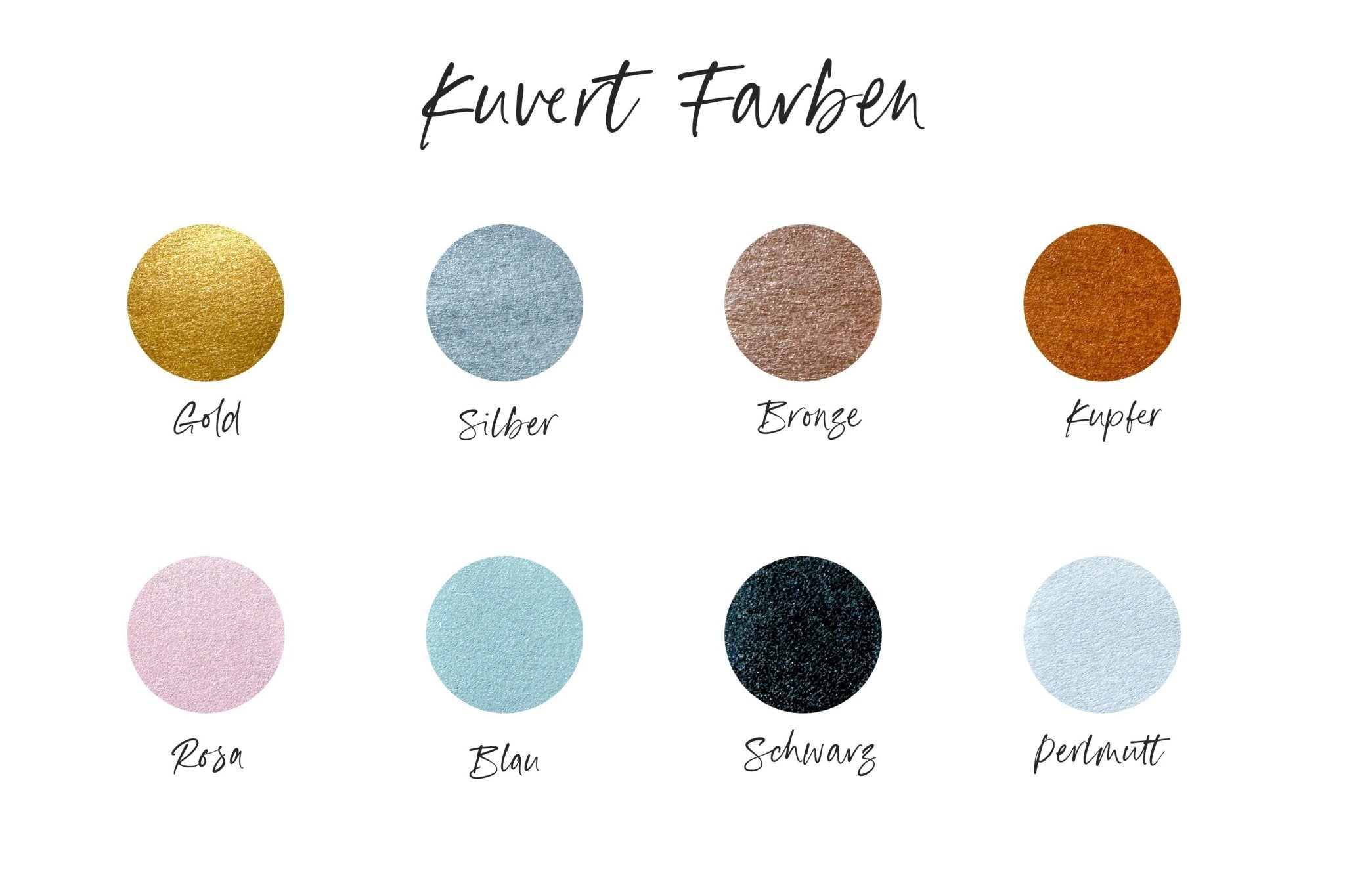 Ein Bild mit „Kuvert Farben“ (Umschlagfarben) mit acht kreisförmigen Farbmustern, die auf Deutsch beschriftet sind. Die Farben sind Gold, Silber, Bronze, Kupfer, Rosa, Blau, Schwarz und Perlmutt. Perfekt für einen Gutschein Zeit statt Zeug personalisiert mit Rubbelfeld von Funkenschauer oder sogar einen Sonderedition Erlebnis-Gutschein.