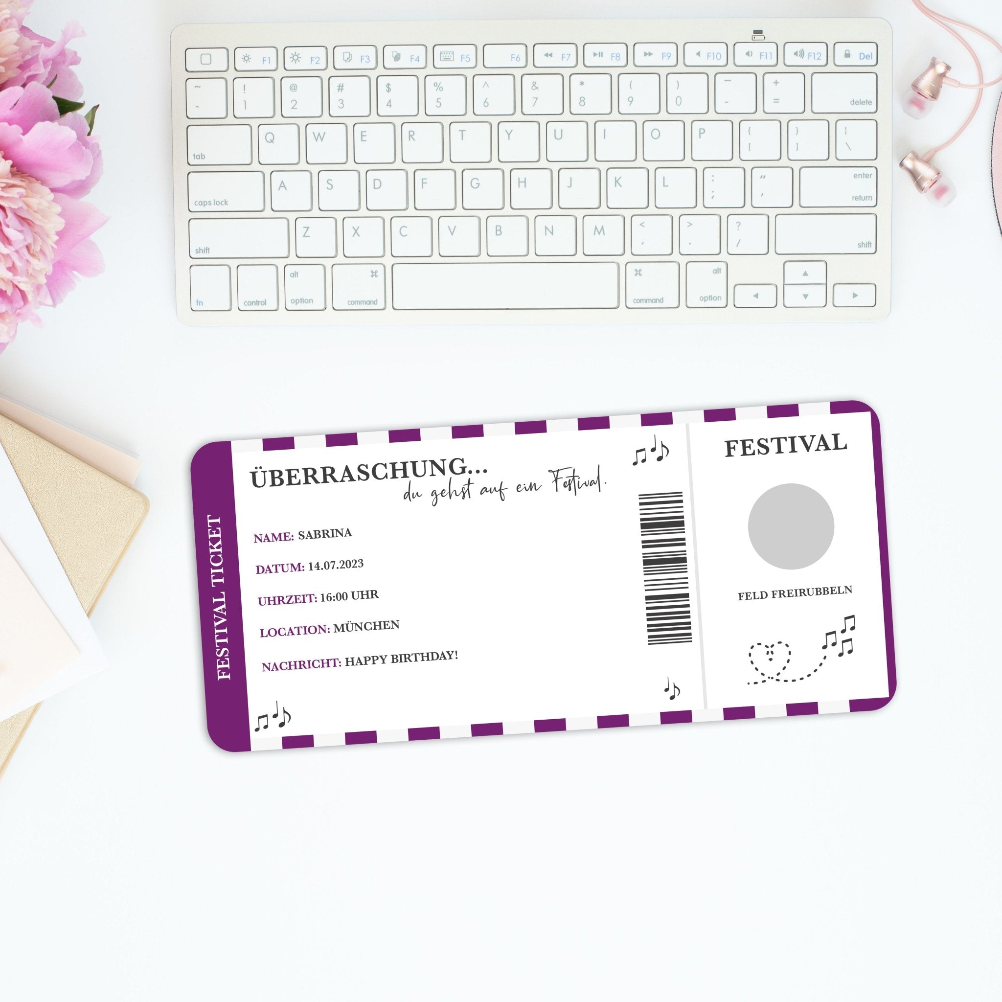 Festival Ticket Personalisiert | Rubbelkarte | 15 Farben | personalisiertes Geschenk | Überraschungsgeschenk | gemeinsame Zeit - funkenschauer