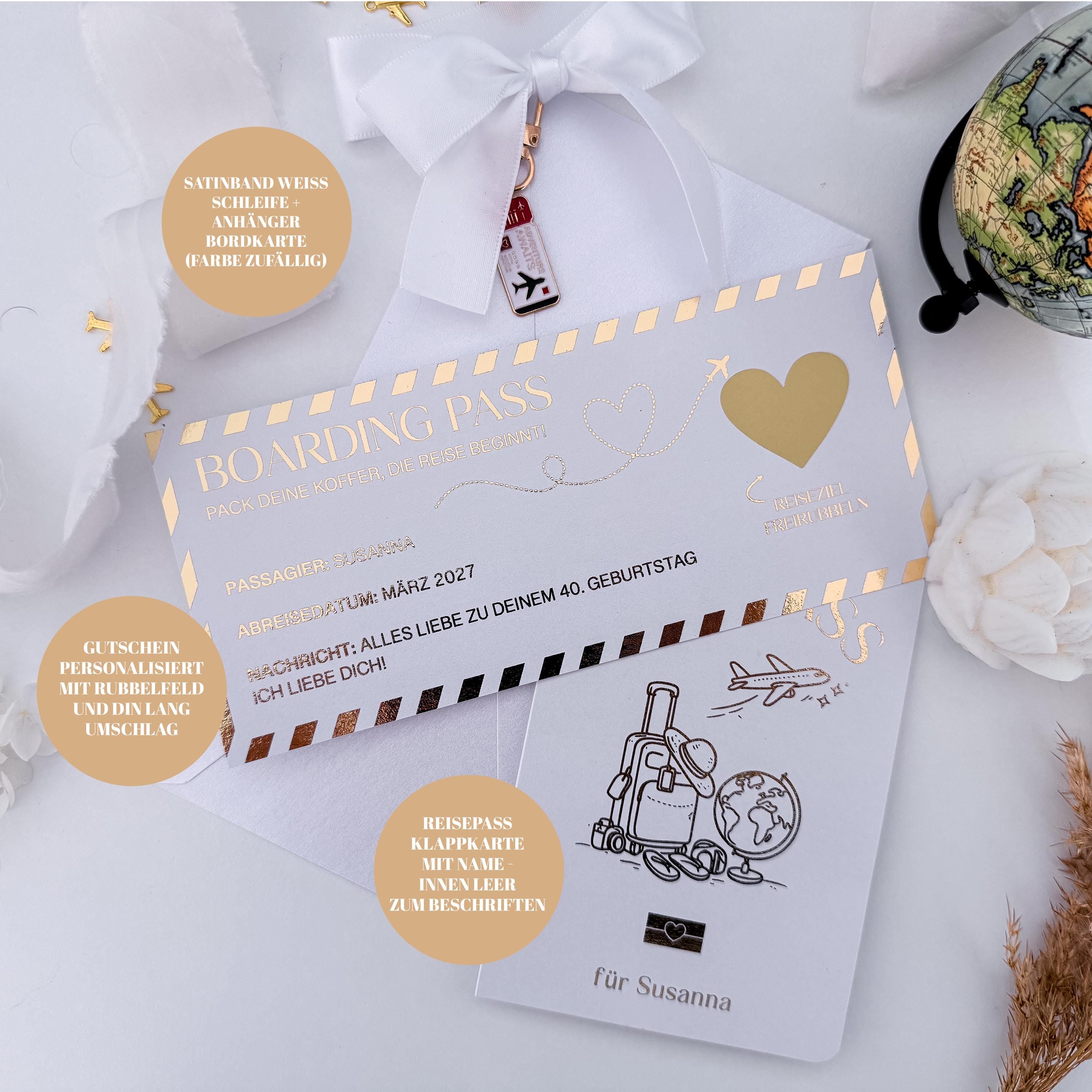 Reisegutschein Set personalisiert - Rubbelkarte Boarding Pass mit Reisepass Karte & Schlüsselanhänger, Reise verschenken, Geschenk Reise
