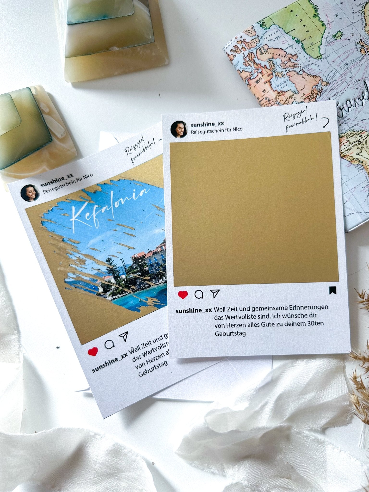 Reisegutschein im Instagram Stil mit Rubbelaufkleber und Umschlag | Personalisiertes Geschenk | Geburtstagsgeschenk | Reise verschenken - funkenschauer