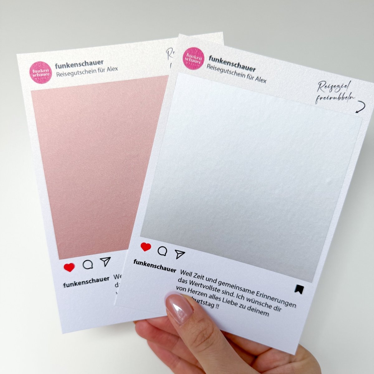 Reisegutschein im Instagram Stil mit Rubbelaufkleber und Umschlag | Personalisiertes Geschenk | Geburtstagsgeschenk | Reisegutschein verschenken - funkenschauer