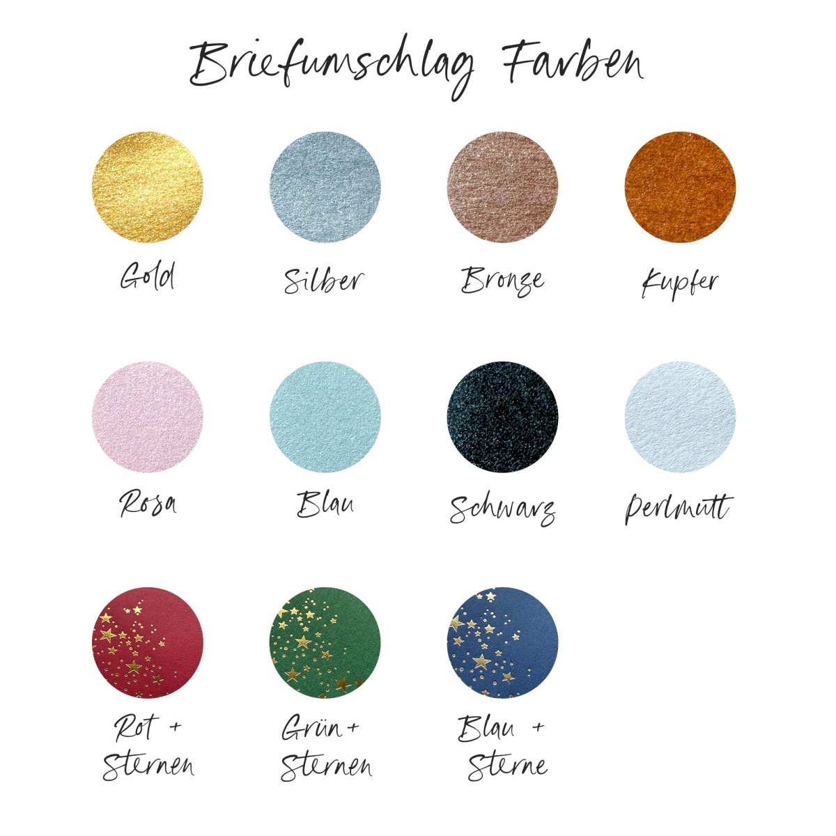 Das Bild zeigt elf farbige Kreise mit der deutschen Beschriftung „Briefumschlag Farben“. Farbtöne wie Gold, Silber und Bronze sorgen für eine Rubbelkarten-Optik, während Pink und Mint dem Wellness-Gutschein von funkenschauer eine persönliche Note verleihen – ideal als Spa-Geschenk oder für Massagen und Wellnesshotels.